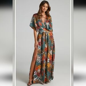 Showpo. Vacay Ready Maxi Dress Plunge Thigh Split Dress in Teal Floral Satin 6